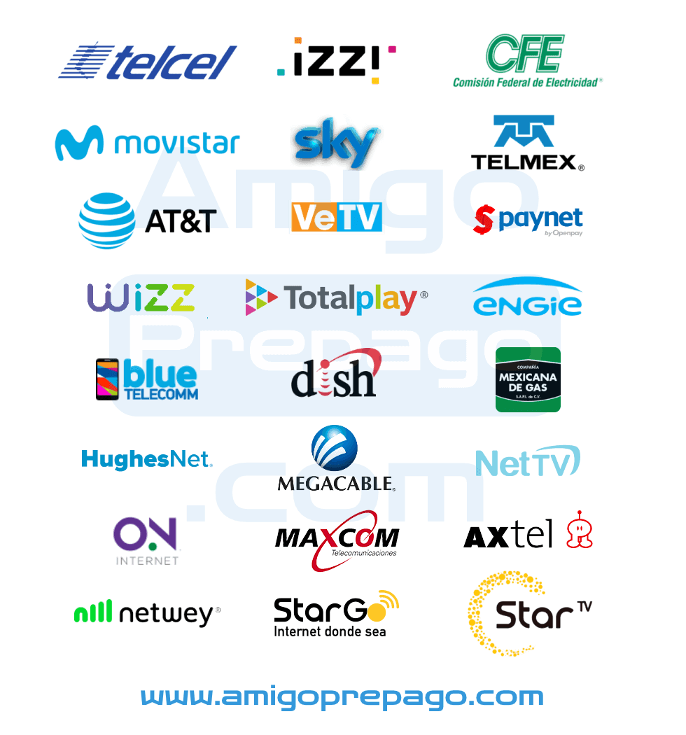 Recibe Pago de Servicios Telmex CFE Telcel Movistar AT&T IZZI SKY VeTV Totalplay Axtel Dish Megacable Maxcom StarGo StarTV Netway ON INTERNET blue TELECOM wizz HughesNet paynet engie Maxigas Mexicana de Gas NetTV